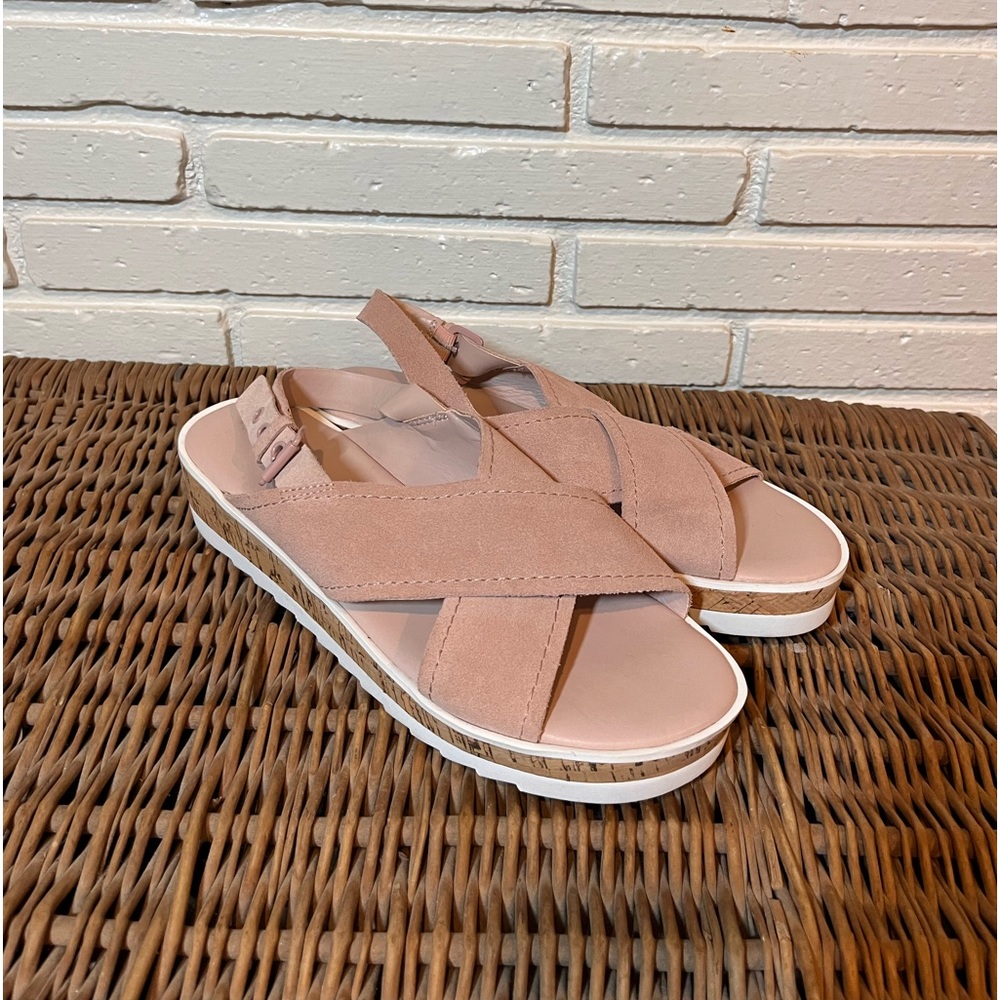 MARC FISHER GLITZE Pink Suede Cork Platform Cross Strap Sandals size 7.5